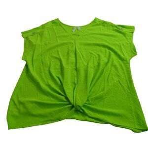 Cato Lime Neon Green Twist Front V-neck Top Womens Size L Polyester Short Sleeve